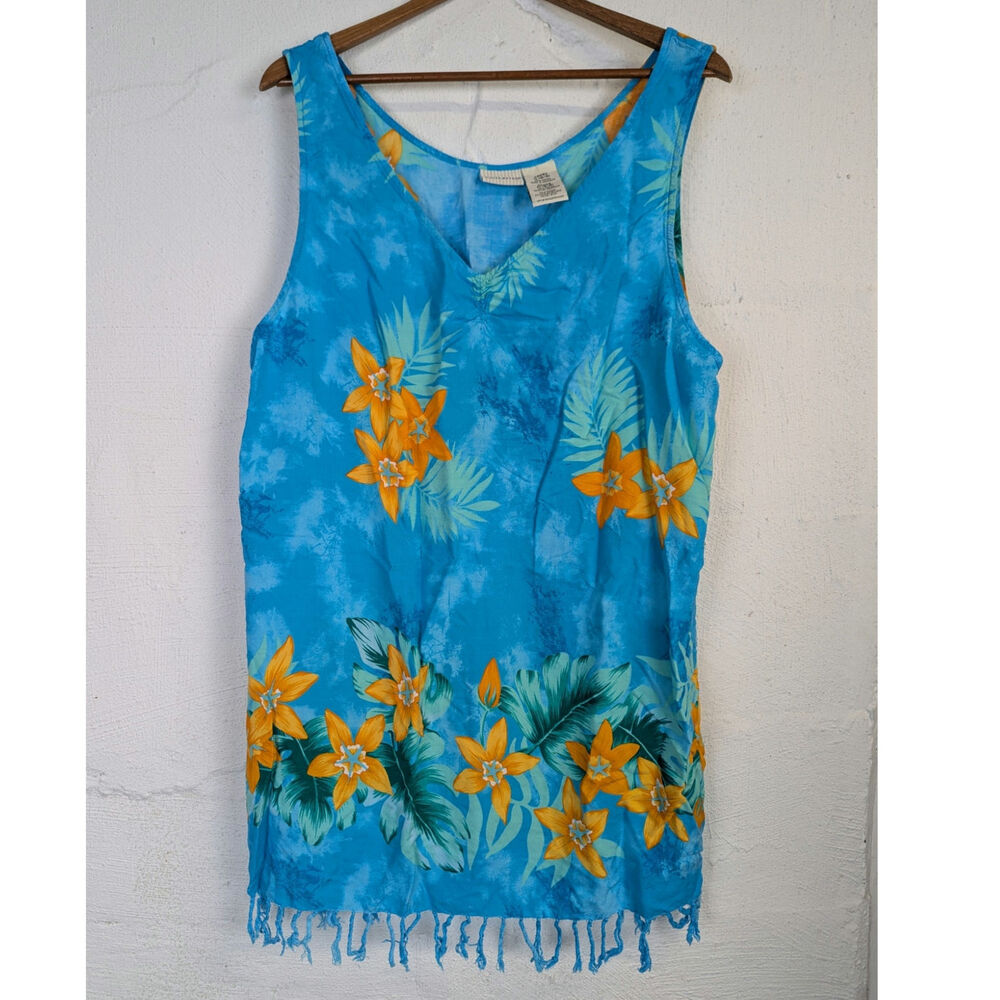 Tropical Hawaiian Sundress Blue Orange Floral Short Fringe Beachy White Stag XL